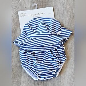 12 Months NWT Tahari Reusable Blue & White Striped Baby Swim Hat & Diaper Set